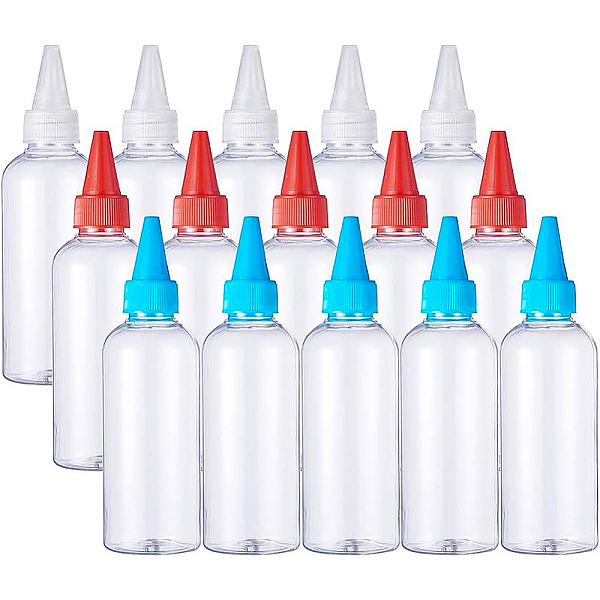 

PandaHall Plastic Empty Bottle for Liquid, Pointed Mouth Top Cap, Clear, 15.3x3.9cm, Capacity: 100ml, 5pcs/color, 15pcs/set Plastic Clear