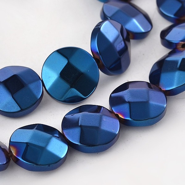 PandaHall Electroplate Non-magnetic Synthetic Hematite Flat Round Bead Strands, Faceted, Blue Plated, 10x4mm, Hole: 1mm, about 37pcs/strand...