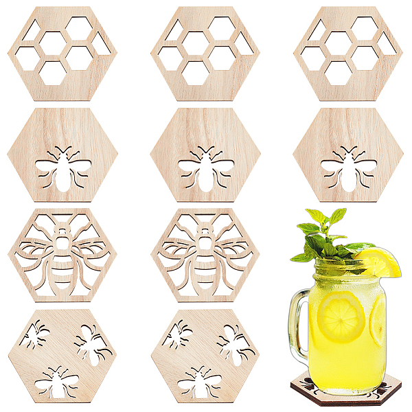 PandaHall OLYCRAFT 12Pcs 4 Style Wooden Bee Coasters Honeycomb Coasters Hexagon Hollow Coasters Wood Cup Mat Tableware Mats for Coffee Tea...