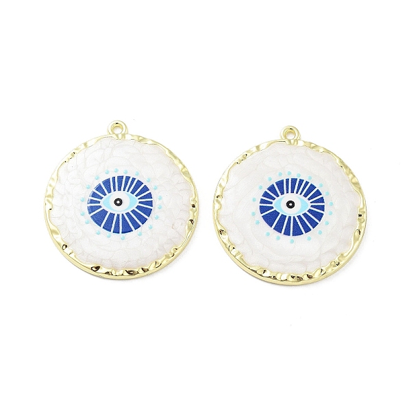 

PandaHall Rack Plating Alloy Enamel Pendants, with Resin, Flat Round with Evil Eye Charm, Cadmium Free & Nickel Free & Lead Free, Golden..., White