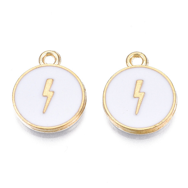 

PandaHall Alloy Enamel Pendants, Cadmium Free & Nickel Free & Lead Free, Light Gold, Flat Round with Lightning Bolt, White, 16x13x2mm, Hole...