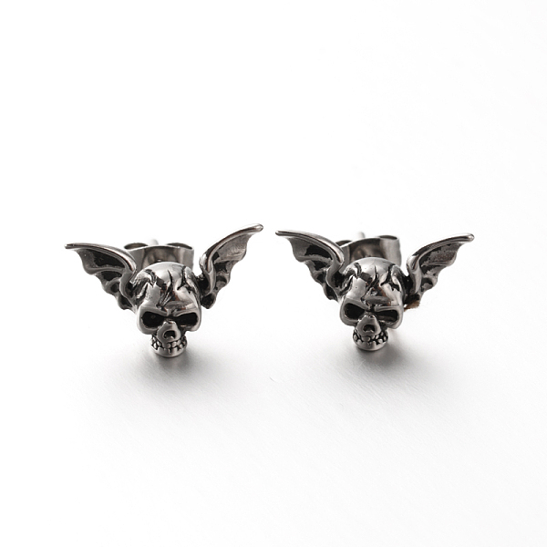 PandaHall Retro 304 Stainless Steel Skull with Wing Ear Studs, Hypoallergenic Earrings, Antique Silver, 11x17.5mm, pin: 0.8mm. 304 Stainless...