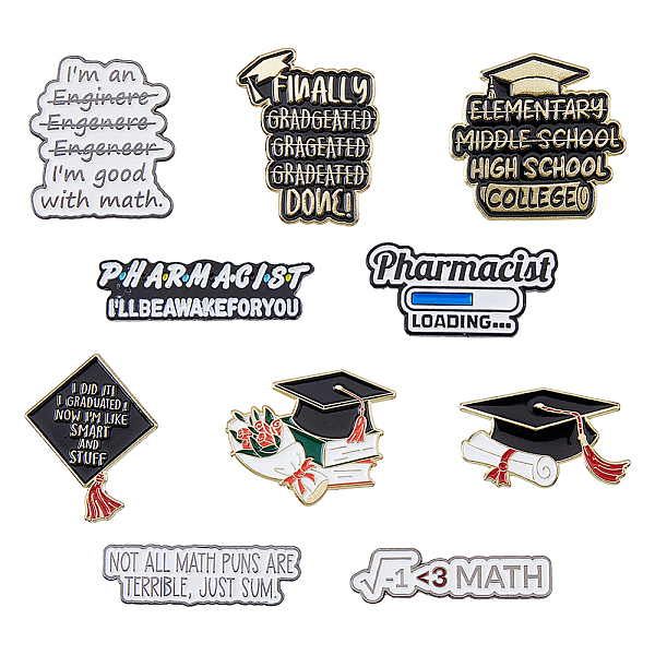 

PandaHall SUPERFINDINGS 10Pcs 10 Style Graduation Theme Enamel Pins Gold Tone Lapel Pins Alloy Personalized Brooches with Word for Backpack..., Black
