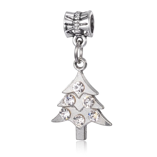 

PandaHall Alloy European Dangle Charms, Large Hole Pendants, with Rhinestones, Christmas Tree, Antique Silver, 33x17x3mm, Hole: 5mm..., Clear