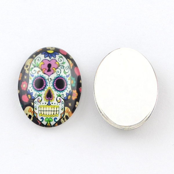

PandaHall Skull Pattern Glass Oval Flatback Cabochons for DIY Projects, Mixed Color, 25x18x5mm Glass Oval Multicolor