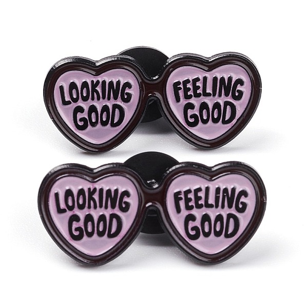 

PandaHall Alloy Enamel Brooches, Enamel Pin, with Plastic Clutches, Heart Spectacles with Word Looking Good Feeling Good, Electrophoresis..., Pink