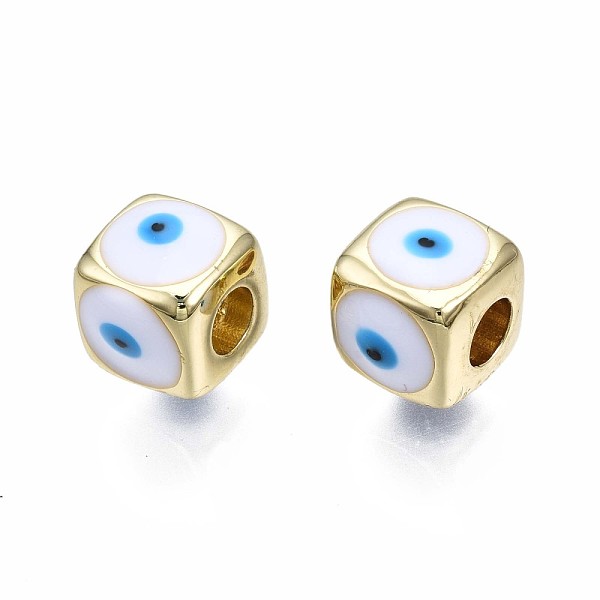 

PandaHall Brass European Beads, with Enamel, Large Hole Beads, Real 18K Gold Plated, Nickel Free, Cube with Evil Eye, Mixed Color, 9x10x10mm..., Multicolor