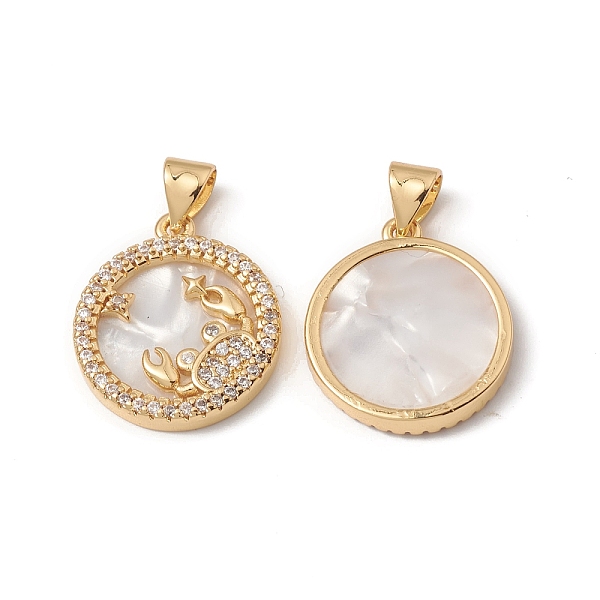 

PandaHall Rack Plating Brass Shell Pendants, with Cubic Zirconia & Natural Shell, Flat Round with Constellation Charms, Cadmium Free & Lead...