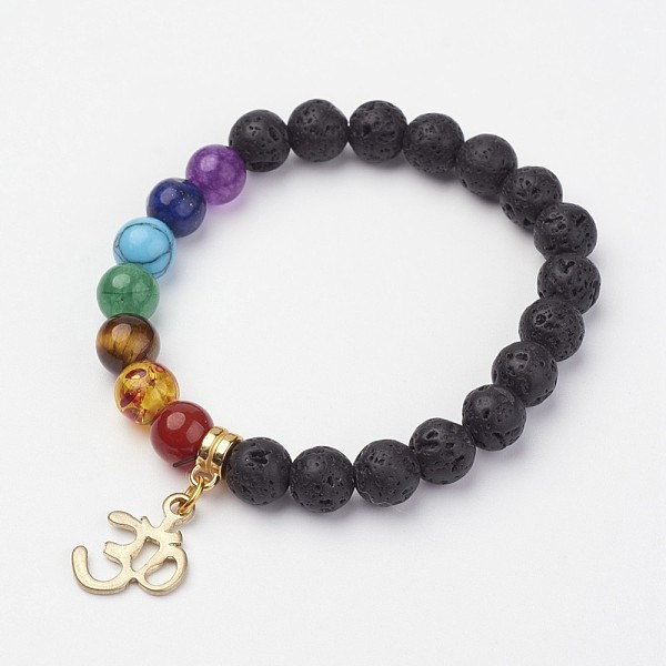 

PandaHall Lava Rock Beaded Stretch Bracelets, Gemstone Beaded Charm Bracelets, with Alloy Findings, Om Symbol, 2 inch(50~53mm) Lava Rock