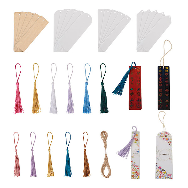 PandaHall Boutigem DIY Bookmark Making Kit, Including 15Pcs Blank Wood Pendants, 15Pcs Blank Acrylic Pendants, 30Pcs Polyester Tassels, 1...
