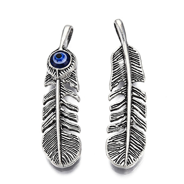 

PandaHall Alloy Enamel Pendants, Cadmium Free & Nickel Free & Lead Free, Antique Silver, Feather with Evil Eye, Midnight Blue, 48.5x12x7mm...