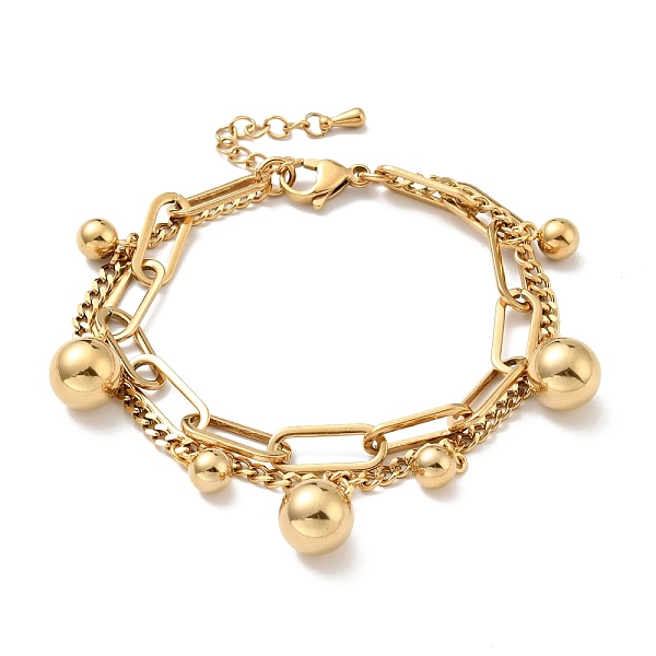 

PandaHall Round Ball Charm Multi-strand Bracelet, Vacuum Plating 304 Stainless Steel Double Layered Chains Bracelet for Women, Golden, 7-1/2...