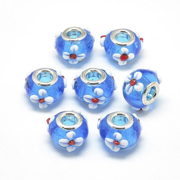 

PandaHall Handmade Lampwork European Beads, Bumpy Lampwork, with Platinum Brass Double Cores, Large Hole Beads, Rondelle with Flower, Dodger..., Blue