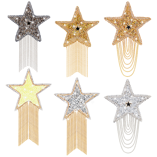 

PandaHall 6Pcs 6 Style Star Hotfix Resin Rhinestone(Hot Melt Adhesive On the Back), with Iron Tassel, for Dress, Shoes, Garment Decoration..., Multicolor