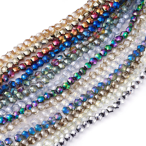 

PandaHall Electroplate Glass Beads Strands, Faceted, Hexagon, Mixed Color, 5x6x4mm, Hole: 1.2mm, about 99pcs/strand, 19.2 inch(49cm) Glass..., Multicolor