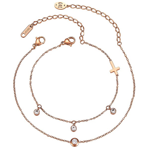 

PandaHall 2Pcs 2 Style Flat Round Cubic Zirconia Charm Anklet with Cross, Women Gift for Summer Beach, Rose Gold, 7-1/2 inch(19cm), 7-1/2..., Clear