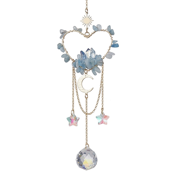 

PandaHall Natural Aquamarine Chip Beads with Brass Finding Pendant Decorations, Heart Hanging Suncatcher, 260mm Aquamarine Heart