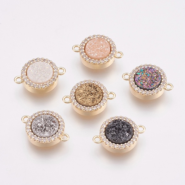 

PandaHall Natural Druzy Agate Links connectors, with Brass Finding and Cubic Zirconia, Flat Round, Golden, Mixed Color, 15.5~16x11x4mm, Hole..., Clear