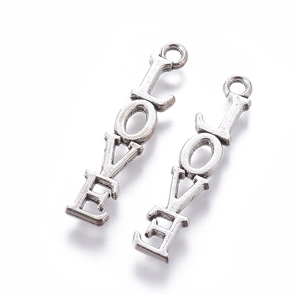 

PandaHall Tibetan Style Alloy Pendants, Lead Free & Cadmium Free, Message Love, Antique Silver, 33x7x2mm, Hole: 2mm Alloy Word