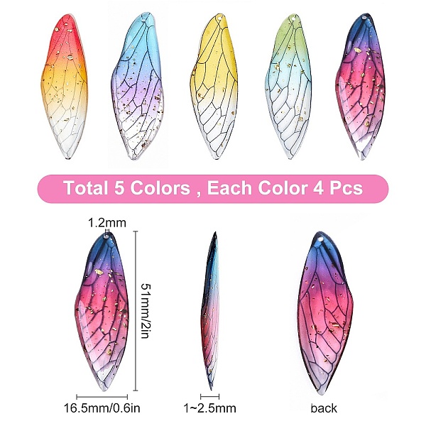 

PandaHall SUNNYCLUE 20Pcs 5 Colors Transparent Epoxy Resin Big Pendants, with Gold Foil, Insects Wing, Mixed Color, 51x16.5x1~2.5mm, Hole..., Multicolor