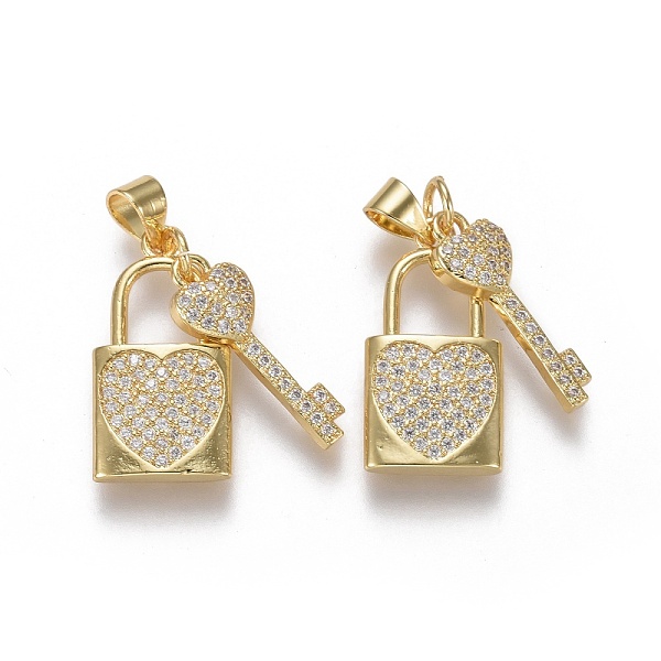 

PandaHall Brass Micro Pave Cubic Zirconia Pendants, Heart Lock with Heart Key, Clear, Real 18K Gold Plated, Lock: 21.5x11x2.5mm, Key...