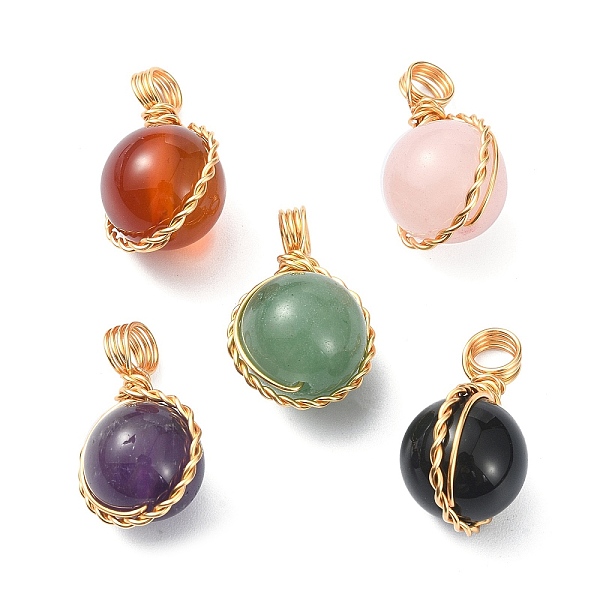 

PandaHall Natural Mixed Stone Copper Wire Wrapped Pendants, Round Charms, 23x14.5x12mm, Hole: 4.2mm Mixed Stone Round