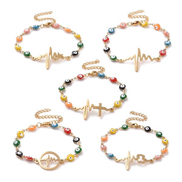

PandaHall Vacuum Plating 304 Stainless Steel Heart Beat Link Bracelet, Colorful Enamel Evil Eye Chains Bracelet for Women, Golden, 6-1/2...