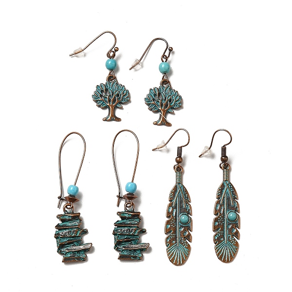 

PandaHall 3 Pairs 3 Style Tree & Feather & Stone Shape Alloy Dangle Earrings Set, Resin Beaded Long Drop Earrings for Women, Red Copper &...