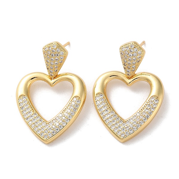 

PandaHall Brass Pave Cubic Zirconia Stud Earrings, Heart with Hollow Heart, Real 16K Gold Plated, 30.5x20mm Cubic Zirconia Heart Clear