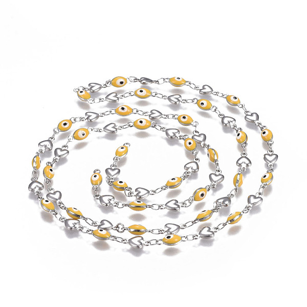 

PandaHall 304 Stainless Steel Enamel Chains, Soldered, Heart and Oval Evil Eye, Stainless Steel Color, Yellow, 10x5.5x2mm Stainless...