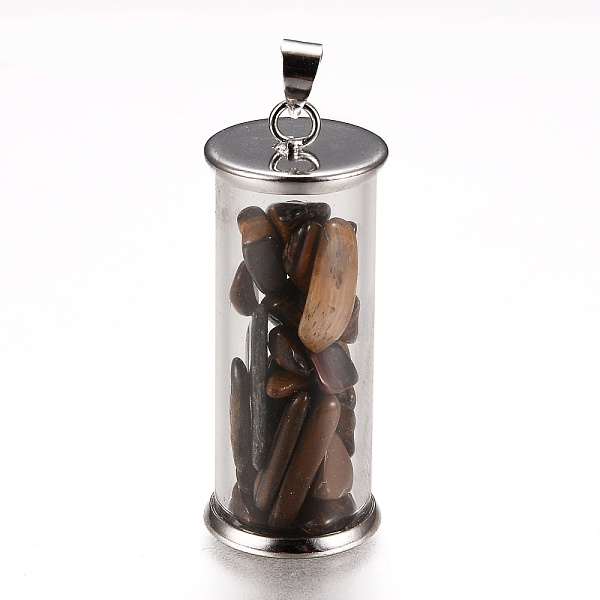 

PandaHall Alloy & Glass Wish Bottle Pendants, with Natural Tiger Eye Chips, Platinum, Column, 35x13.5mm, Hole: 4x3.5mm Tiger Eye Column