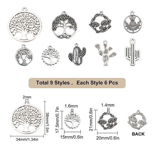 

PandaHall SUNNYCLUE 54Pcs 9 Styles Tibetan Style Zinc Alloy Pendants, Antique Silver, 6pcs/style Alloy Mixed Shapes