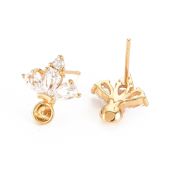 

PandaHall Brass Micro Pave Clear Cubic Zirconia Stud Earring Findings, for Half Drilled Beads, Nickel Free, Crown, Real 18K Gold Plated...
