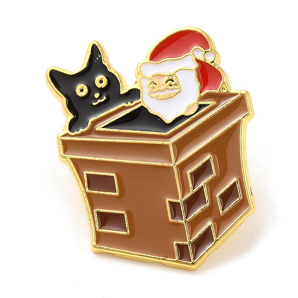 PandaHall Christmas Santa Claus & Chimney & Cat Enamel Pins for Women, Alloy Brooch for Backpack Clothes, Golden, 32x25x1.5mm Alloy+Enamel...