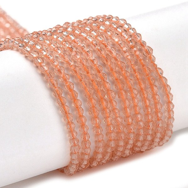 

PandaHall Transparent Glass Beads Strands, Faceted Round, Light Salmon, 2x2mm, Hole: 0.6mm, about 184pcs/strand, 14.49''(36.8cm) Glass Round