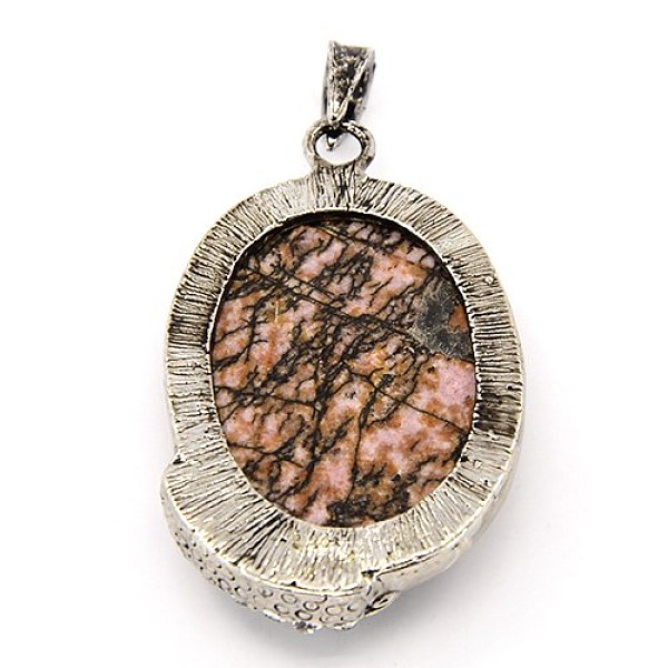 

PandaHall Fashionable Retro Antique Silver Necklace Findings Alloy Gemstone Oval Pendants, with Rhinestones, Rhodochrosite, 51x33x11mm, Hole..., Multicolor