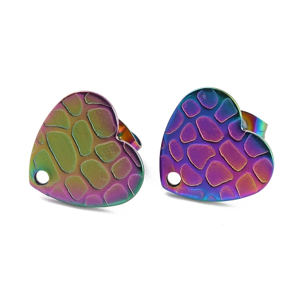 

PandaHall Ion Plating(IP) 304 Stainless Steel Stud Earring Findings, with Ear Nuts/Earring Backs and Hole, Heart Shape with Textured...