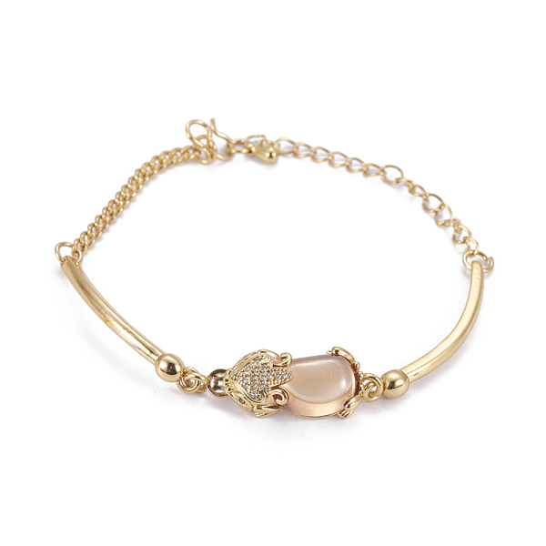 

PandaHall Golden Tone Brass Link Bracelets, with Glass and Cubic Zirconia, Pi Xiu, PeachPuff, 7-5/8 inch(19.5cm), 2.5~3mm Cubic Zirconia..., Brown