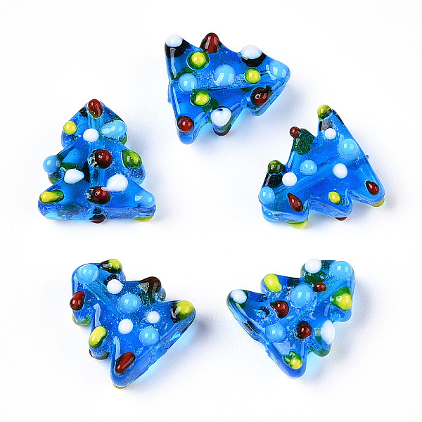 Christmas Theme Handmade Lampwork Bumpy Beads, Christmas Tree, Dodger Blue, 16-18x14.5-16x7.5-8.5mm, Hole: 1.8-2mm