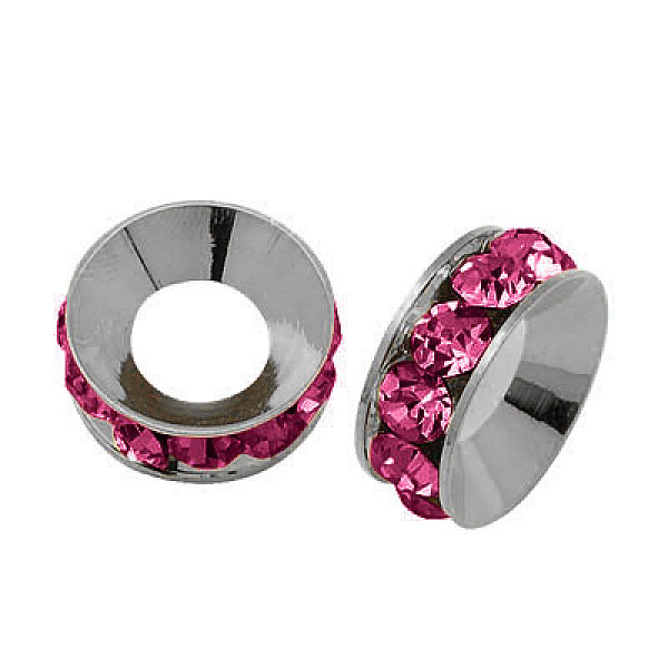 

PandaHall Brass Rhinestone Spacer Beads, Grade A, Rondelle, Platinum Metal Color, Fuchsia, 9x4mm, Hole: 4mm Brass+Rhinestone Rondelle Purple