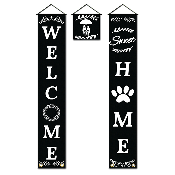 PandaHall Polyester Hanging Sign for Home Office Front Door Porch Decorations, Rectangle & Square, Word Welcome Home, Black, 180x30cm and...