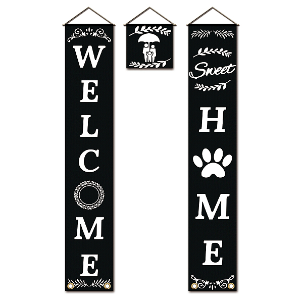 PandaHall Polyester Hanging Sign for Home Office Front Door Porch Decorations, Rectangle & Square, Word Welcome Home, Black, 180x30cm and...