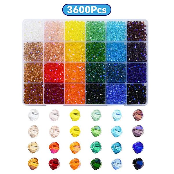 

PandaHall 3600Pcs 24 Colors Transparent Electroplate Glass Beads, AB Color Plated, Faceted, Bicone, Mixed Color, 4x4mm, Hole: 0.8mm, about..., Multicolor