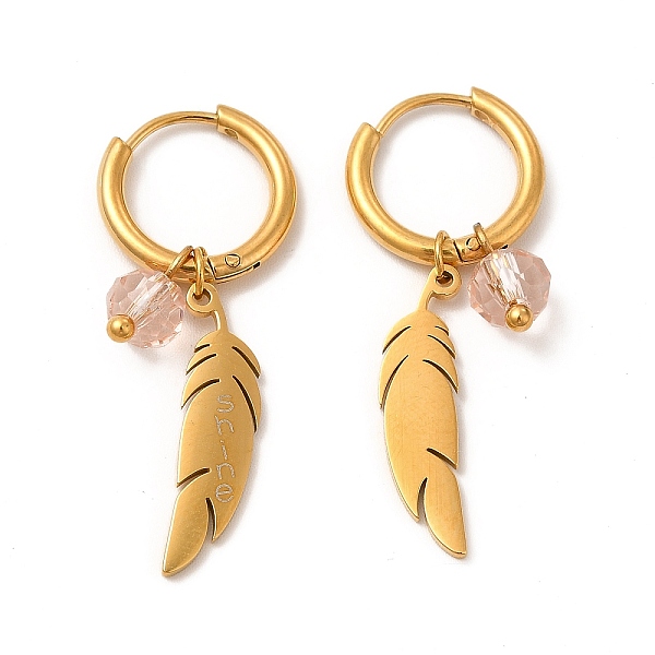 

PandaHall Glass Round Beaded & Feather Dangle Hoop Earrings, Vacuum Plating 304 Stainless Steel Jewelry for Women, Golden, 34.5mm, Pin..., Pink