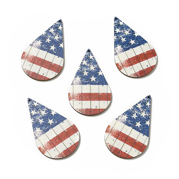 PandaHall American Flag Theme Single Face Printed Aspen Wood Big Pendants, Teardrop Charm, Chocolate, 57.5x34.5x2.5mm, Hole: 1.6mm Wood Flag...