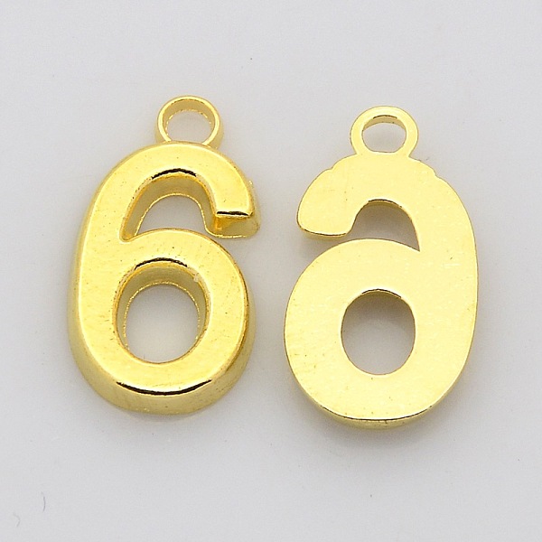 

PandaHall Rack Plated Zinc Alloy Number Charms, Lead Free & Cadmium Free & Nickel Free, Golden Metal Color, Num.6, 18x6~10x2mm, Hole: 2mm...