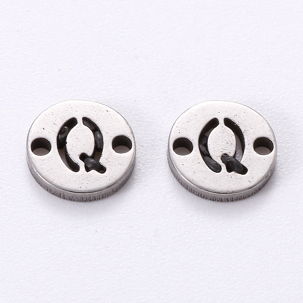 

PandaHall 201 Stainless Steel Links, Laser Cut, Flat Round with Letter, Letter.Q, 6x6x1mm, Hole: 0.8mm 201 Stainless Steel Flat Round