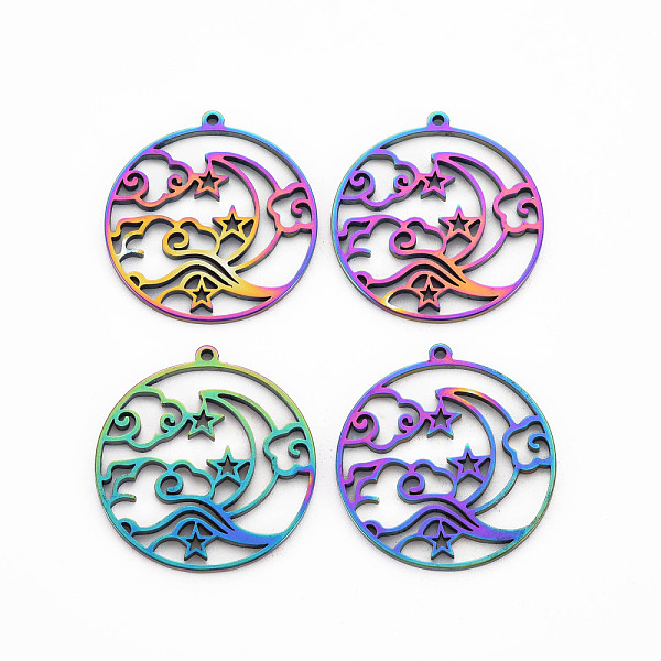 

PandaHall 201 Stainless Steel Pendants, Ring with Star & Moon, Rainbow Color, 30x28x1.5mm, Hole: 1.5mm 201 Stainless Steel Ring