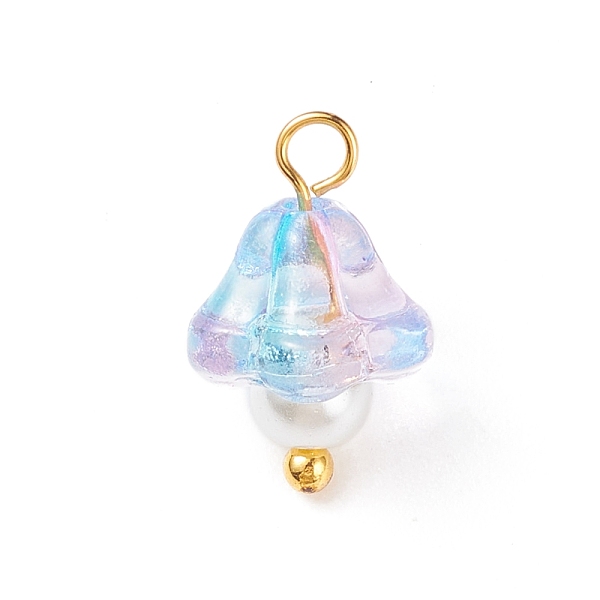

PandaHall Electroplate Glass Charms, with Golden Plated Brass Findings and Glass Pearl Round Beads, Trumpet Flower, Light Sky Blue, 14x9x9mm...
