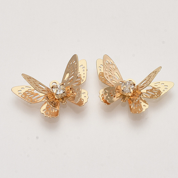 

PandaHall Brass Filigree Pendants, with Crystal Rhinestone, 3D Butterfly, Light Gold, 12x20x4~7mm, Hole: 1.2mm Brass+Rhinestone Butterfly